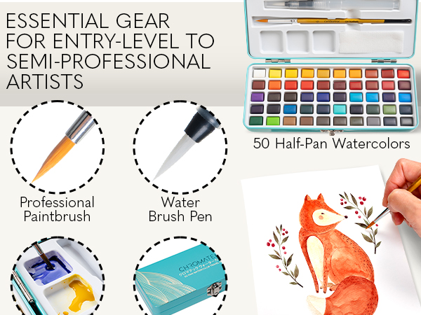 Professional Paint Brush, Water Brush Pen, Mixing Palette, 50 Half-Pan Watercolors, Travel case