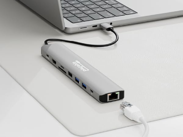 USB C Hub 9-in-1 Adapter with 10Gbps USB-C, Gigabit Ethernet port for stable wired internet.