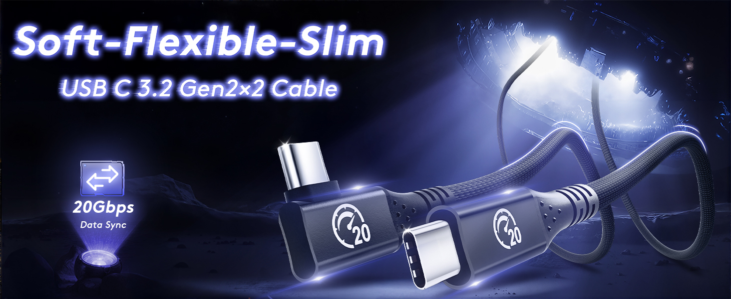 Soft Flexible Slim usb c 3.2 gen 2x2 cable 20gbps 10gbps high speed data transfer