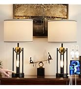 Leasgy 25'' Farmhouse Table Lamps for Living Room Set of 2 with USB C+A Ports, Rustic Vintage Bed...