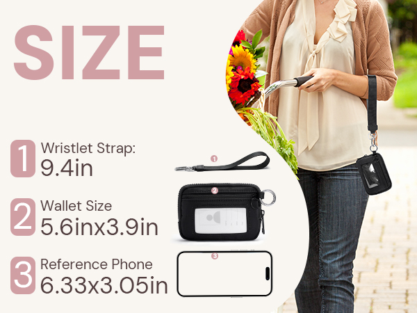 Black wristlet keychain wallet with strap – size comparison with phone, for women