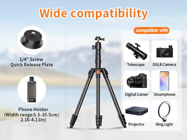Text reads 'Wide compatibility'. Camera tripod with various accessories shown including phone holder, quick release plate, telescope and DSLR camera mounts against cloudy sky background.