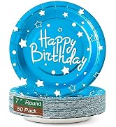 CENLBJ Happy Birthday Party Paper Plates,Blue Dessert Plates,7inch-50pcs,Foil Polka Dots Birthday...