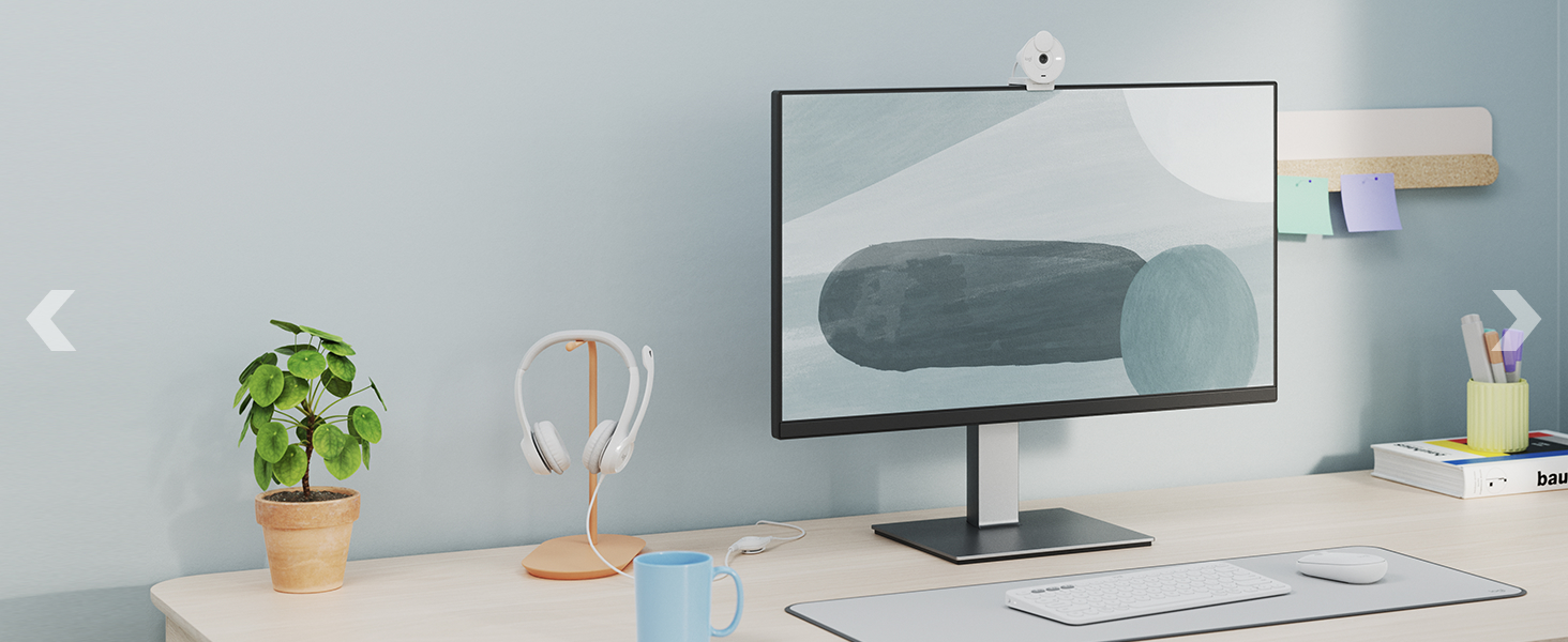 desk setup with brio 300 webcam, h390 usb headset, k390 wireless keyboard, m350 mouse off-white