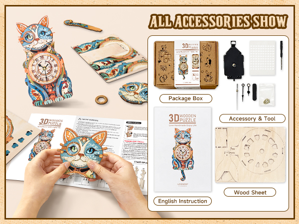 wood cat puzzle clock