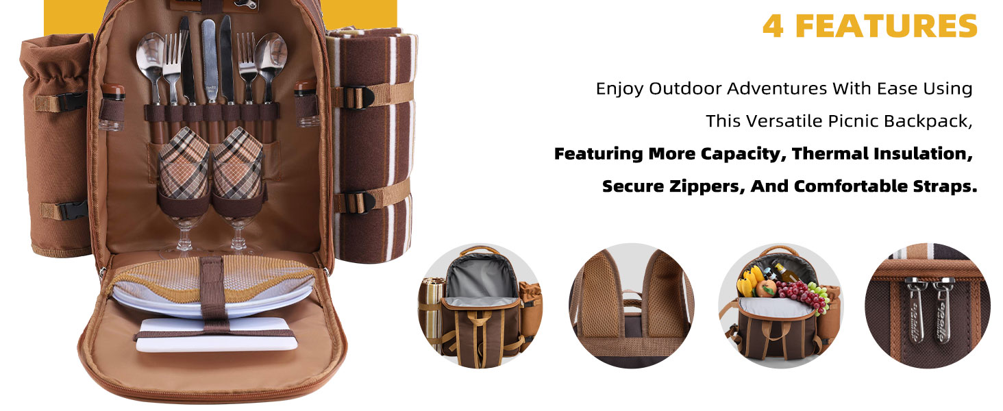 Picnic Backpack Bag Cooler Compartment Detachable Bottle Wine Holder Fleece Blanket Plates Cutlery