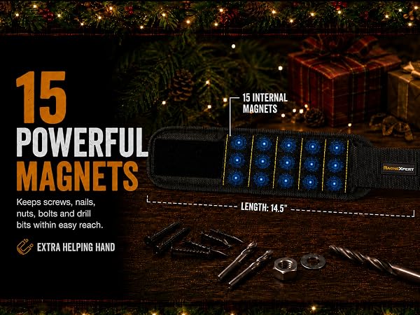 Magnelex magnetic wristband with 15 magnets holding screws nails nuts bolts and drill bits.