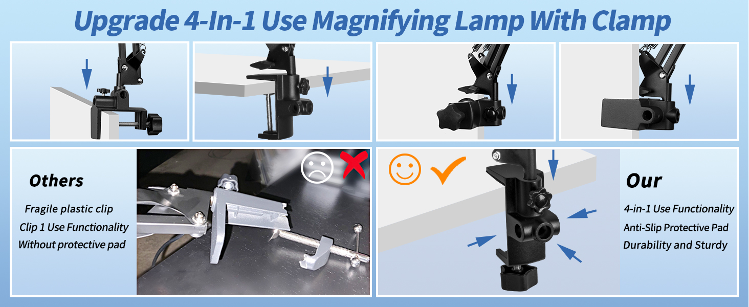 4-in-1 use metal clamp led magnifying lamp magnifying glass with stand magnifying lamp with light