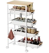 Landmok 5-Tier Slim Storage Cart, Wooden Top Rolling Kitchen Cart with Pull-Out Baskets &amp; Wheels,...