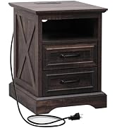 ALBAD Farmhouse Nightstand with Charging Station Rustic Bedside Table with 2 Drawers and Cubby St...