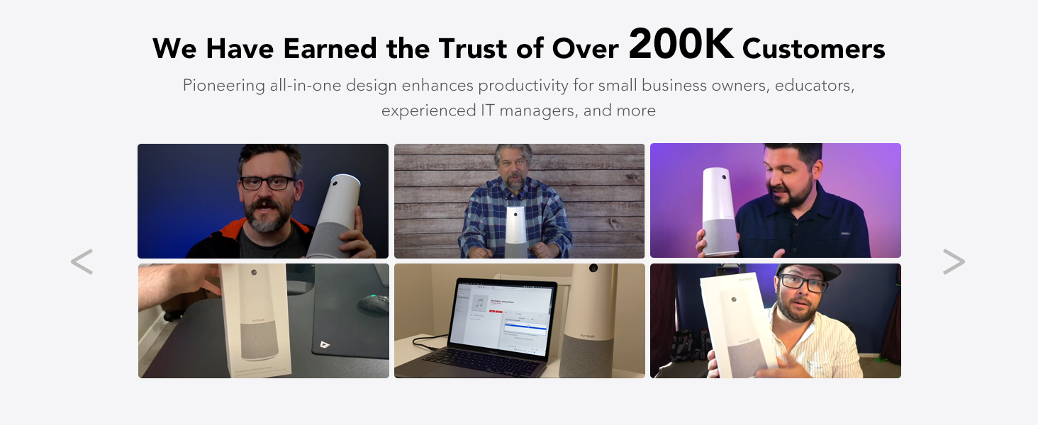 Composite of customer testimonial images. Multiple people shown using or holding a cylindrical product. Text claims over 200K customers trust the product.