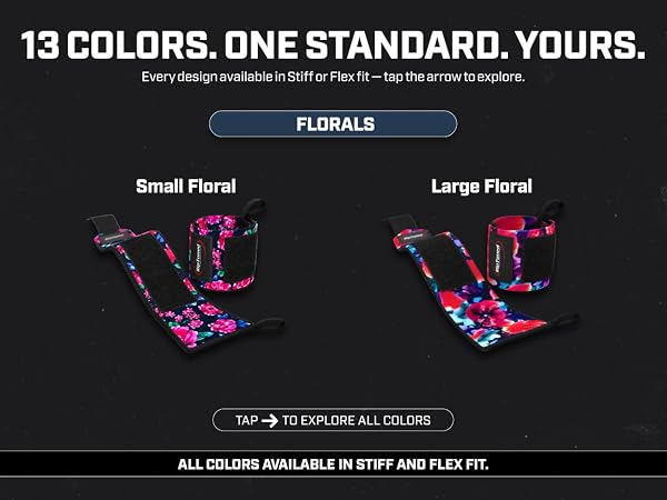 Rip Toned wrist wraps in small and large floral prints, available stiff or flex fit