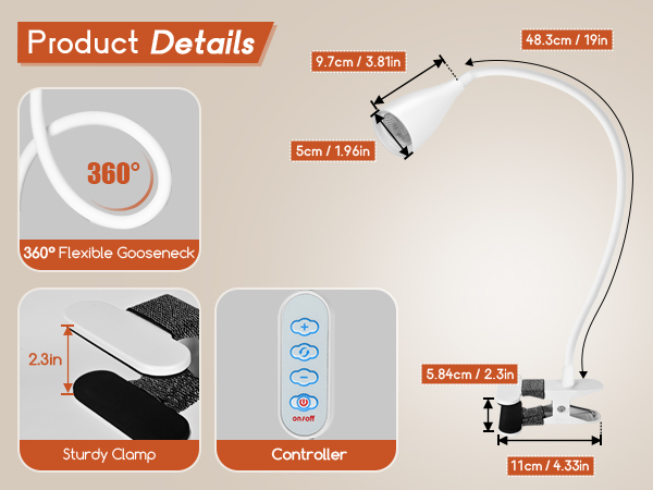 Clip on Light Reading Light for Bed Headboard LED Desk Lamp with Clamp for Bedside Bedroom Table 