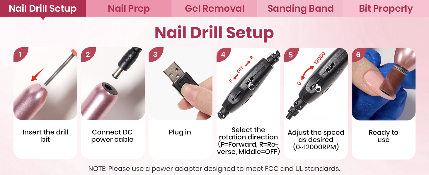 Electric Nail Drill Kit, 7 Drill Bits Portable Electric Nail File Machine for Gel Polish Removal