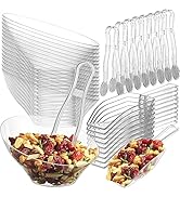 6 oz Clear Plastic Dessert Bowls (16 Pcs) with (8) Scoops and (8) Tongs, Angled Hard Disposable I...
