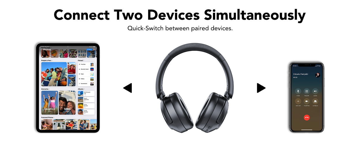Text reads 'Connect Two Devices Simultaneously'. Multiple panels showing wireless device pairing and connectivity between different electronic devices.