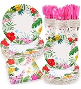 Pink Tropical Luau Party Tableware Supplies, 168PCS Hawaiian Plates Napkins Cups and Cutlery Set,...