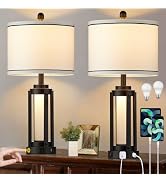 25" Modern Table Lamps Set of 2, Industrial Beside Lamps with USB A+C Charging Ports &amp; AC Outlet,...