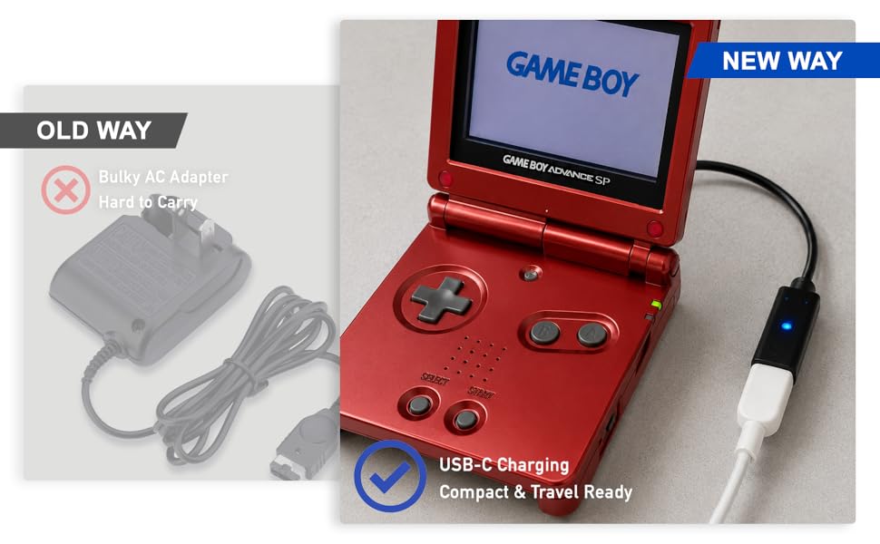 USB-C charging a GBA SP with a compact adapter and LED indicator.
