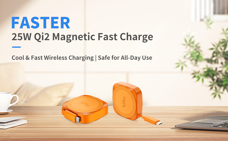 25W Qi2 magnetic fast wireless charger, cool safe all-day charging with retractable cable