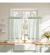 NICETOWN Sheer Linen Kitchen Curtains 24 Inch Length, Sage Green Striped Print Curtains for Livin...