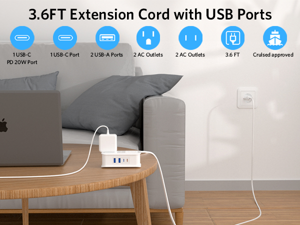 3.6ft exxtension cord with usb ports