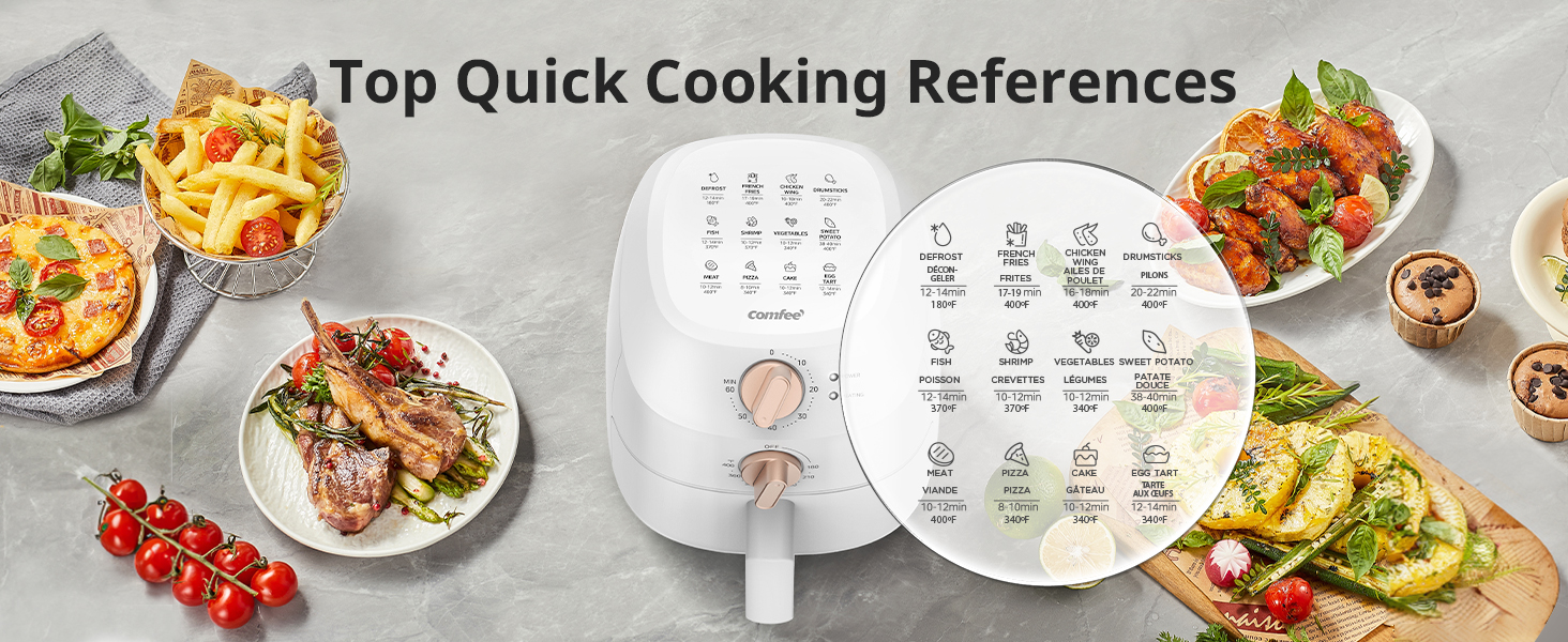 Recipe guide on the top panel for quick reference cooking times and temps