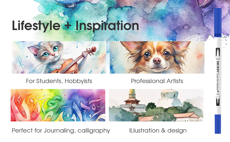 Text reads 'Lifestyle + Inspiration', 'For Students, hobbyists', 'Professional Artists', 'Perfect for Journaling, calligraphy', 'Illustration &amp; design'. Marketing banner showing artistic elements and illustrations.