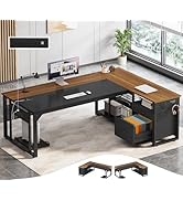 UPOSOJA 71 in Executive Desk with Power Outlets, Reversible L Shaped Computer Desk with File Draw...