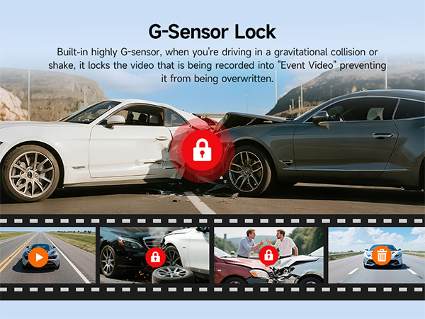 Text reads 'G-Sensor Lock'. Automotive security feature demonstration showing filmstrip-style images with lock icons and vehicle recordings.