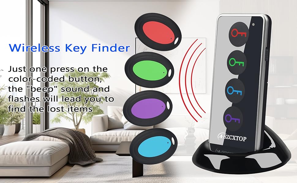 Wireless key finder system with black base unit and five colored receiver tags in red, green, purple, and blue. Product shows radio wave indicator graphics.