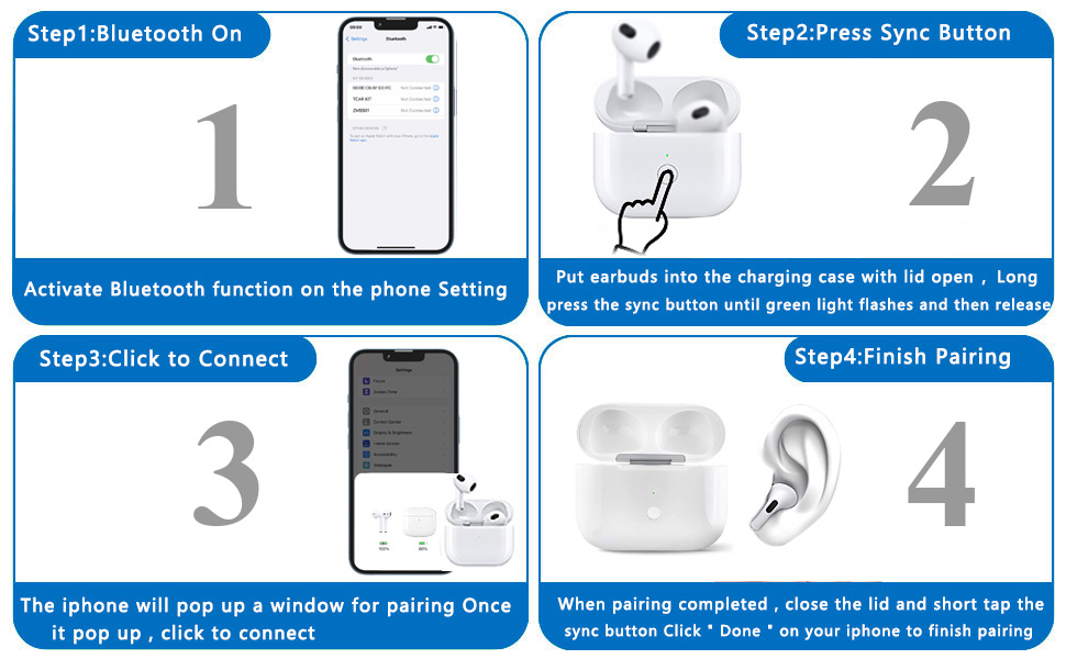 Four-step guide for pairing wireless earbuds. Shows smartphone screens and earbuds in charging case. Instructions for Bluetooth connection process.