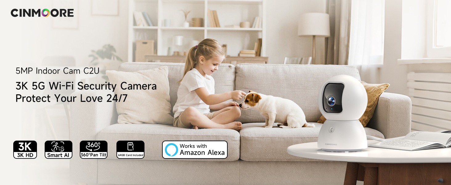 CINMOORE 5MP Indoor Cam C2U 3K 5G Wi-Fi Security Camera 360 Pan Tilt 64G Card