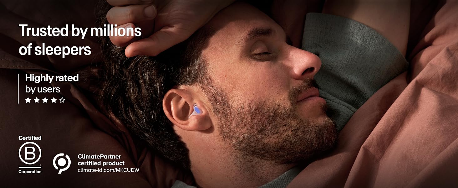 Man sleeping with Alpine SleepDeep earplugs, B Corp and ClimatePartner certified