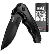 Tactical Pocket Knife for Men - Spring Assisted Knives with Glass Breaker and Clip - Black Foldin...