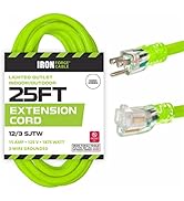 Iron Forge 25 Ft Heavy Duty Lighted End Long Outdoor Extension Cord - 12/3 SJTW Industrial Weathe...