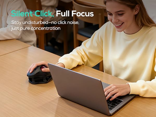 Text reads: 'Silent Click: Full Focus' and 'Stay undisturbed - no click noise, just pure concentration'. Person using laptop at wooden desk with wireless mouse.