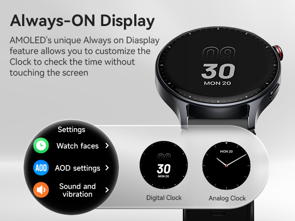 Smartwatch display settings showing Always-On AMOLED screen feature with digital and analog clock face options. Interface demonstrates customizable watch faces and settings menu.
