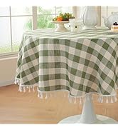 Laolitou Green Checkered Spring Round Tablecloth Washable Buffalo Plaid Table Cloth with Tassel C...