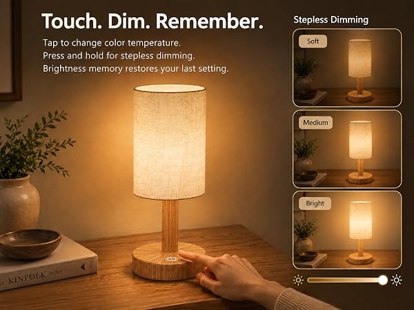Text reads 'Touch. Dim. Remember.' with 'Modern Dimming' label. Wooden base table lamp with white fabric shade shown in three brightness settings demonstrating dimming capability.