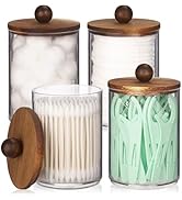 Tbestmax Qtip Holder with Wood Lids, 10oz Plastic Apothecary Jars for Cotton Ball, Cotton Swab, F...