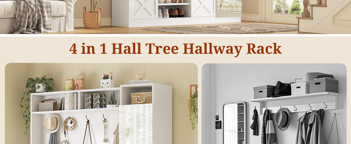 Hall Tree with Bench and Shoe Storage Entryway with Tall Mirror Farm House Barn Door