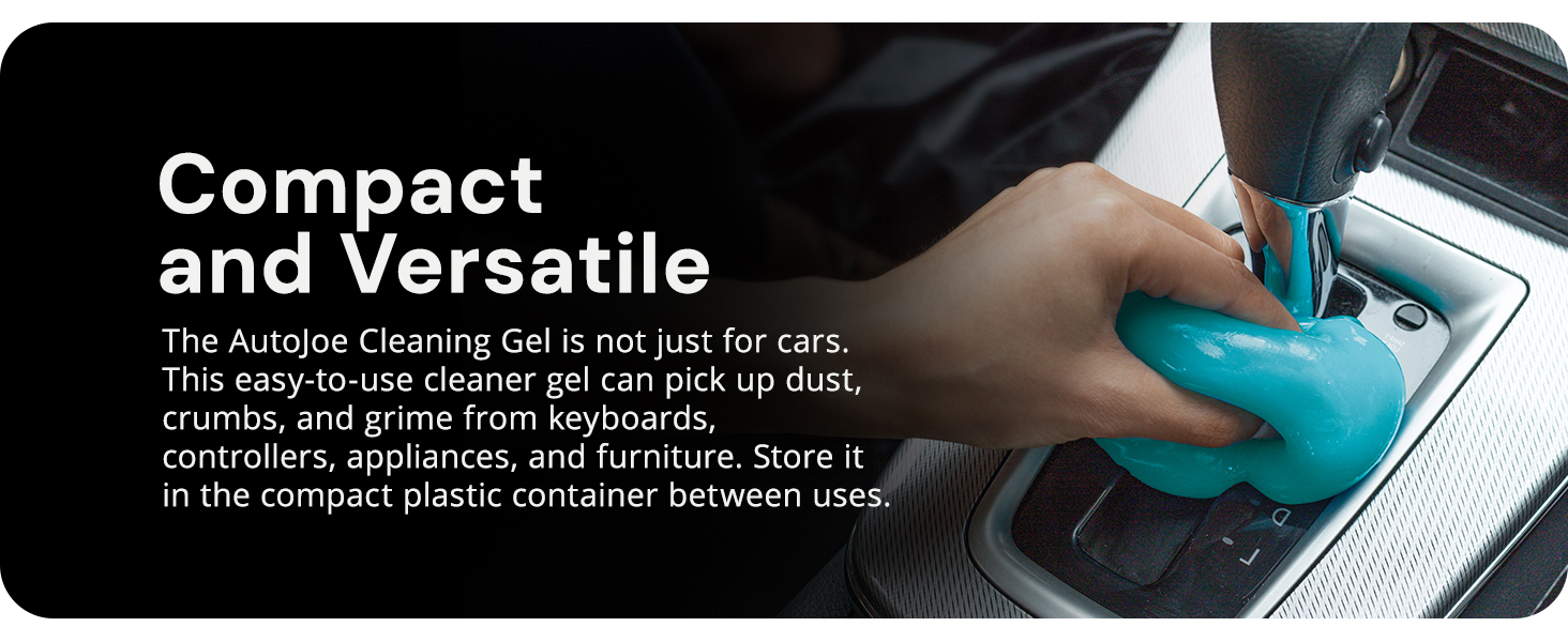 AutoJoe Multi-Purpose Cleaning Gel pressed on a gear shift. Text reads: Compact and Versatile
