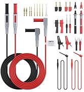 Professional multimeter probe kit with red and black cables, various attachments, clips, and testing accessories.