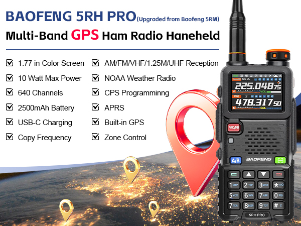 Baofeng 5RH PRO 10 watt GPS multi band ham radio