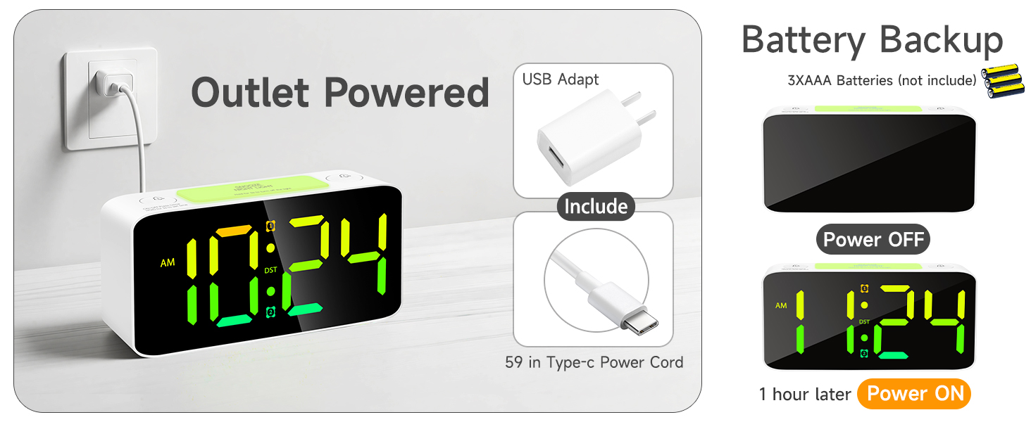 USB power adapter included outlet powered clock battery backup time memory reliable charger