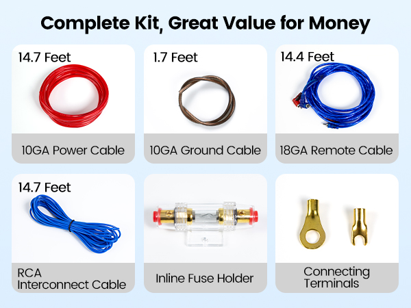 10 Gauge Amplifier Installation Kit with RCA Interconnect and Speaker Wire Auto Audio Cables M027