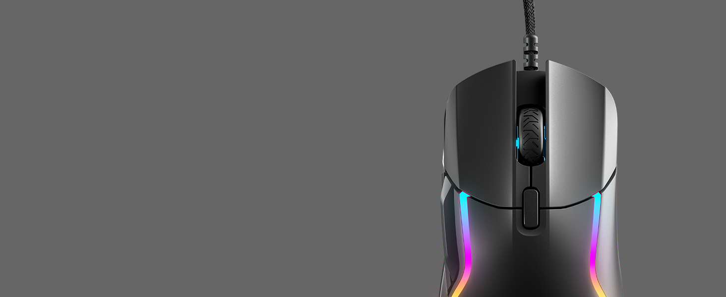 -Top side of SteelSeries Rival 5 mouse on plain background