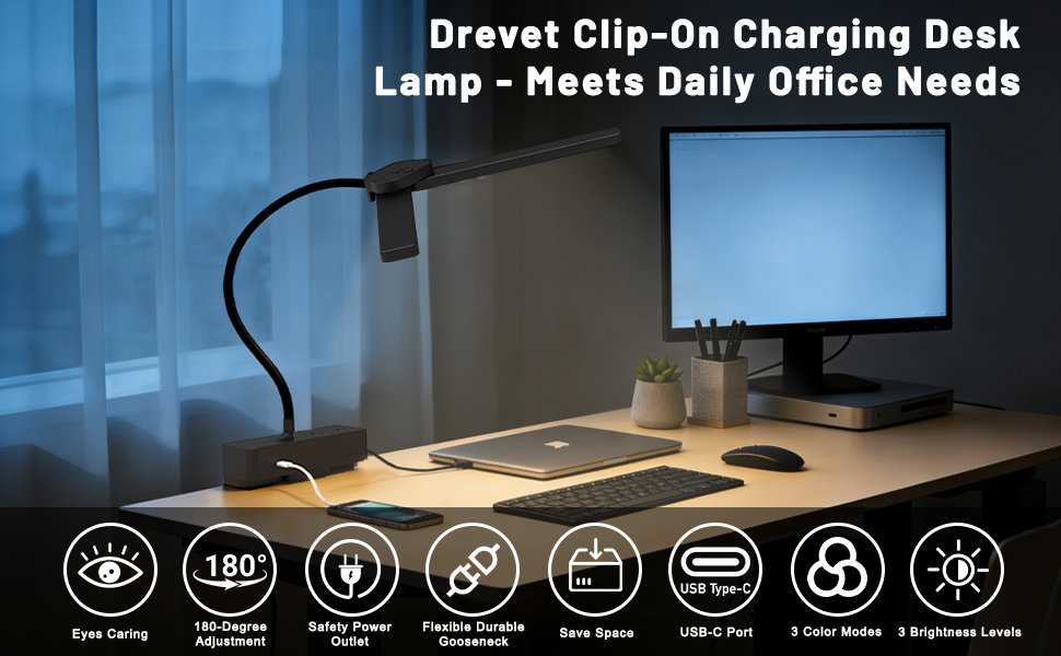 Drevet Clip-On Charging Desk Lamp