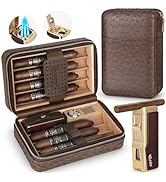 Scotte Cigar Humidor Box, Cigar Lighter Cedar Wood Lined Leather Cigar Case Built in Hygrometer &amp;...